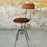 Vintage industrial metal and wood stool with adjustable swivel seat, 1960's