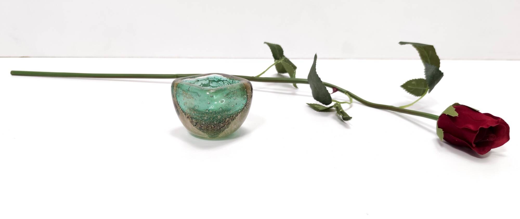 Green Gold Flecked Sommerso Glass Bonbonnière / Trinket Bowl by Venini, Ita