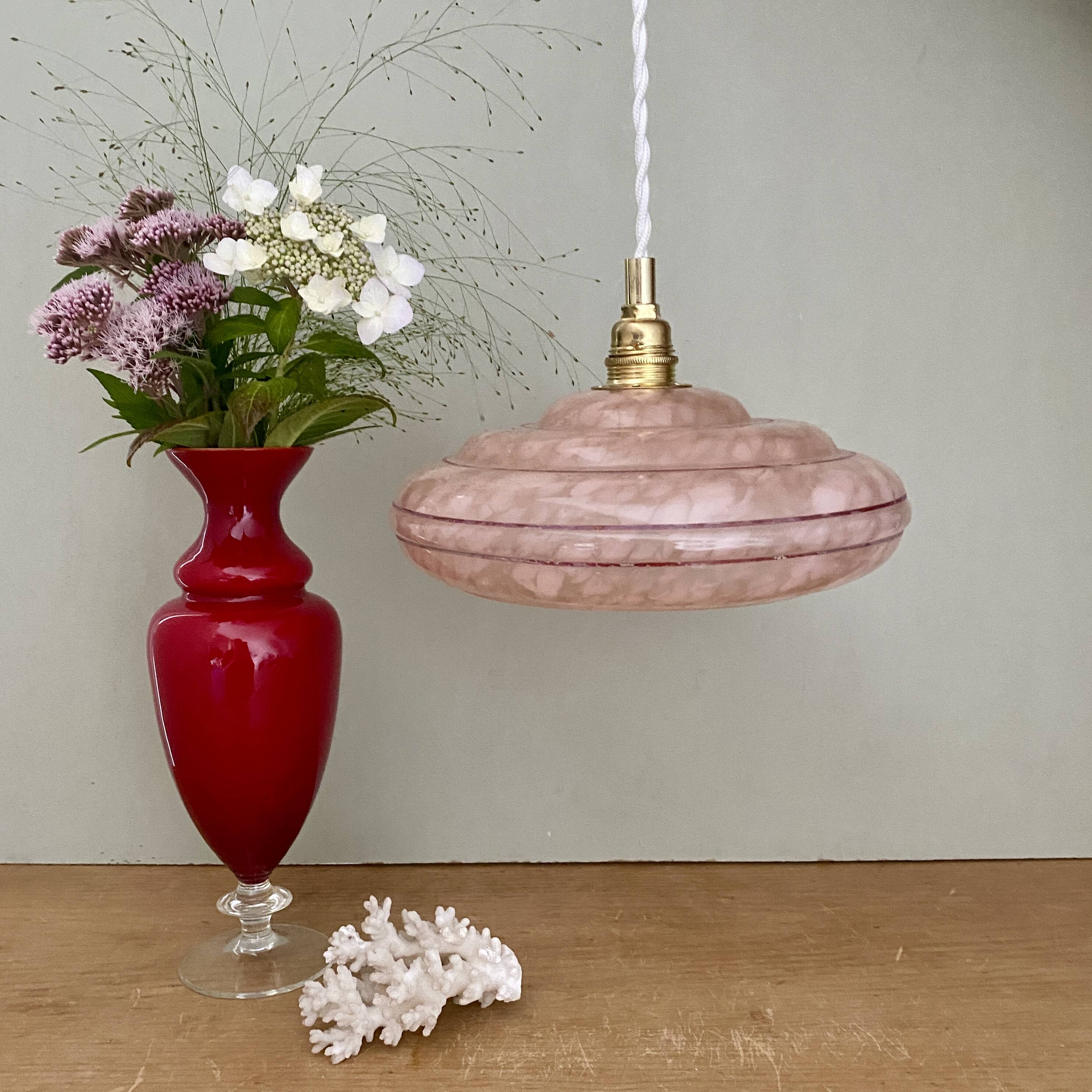 Vintage pink clichy glass lampshade pendant light