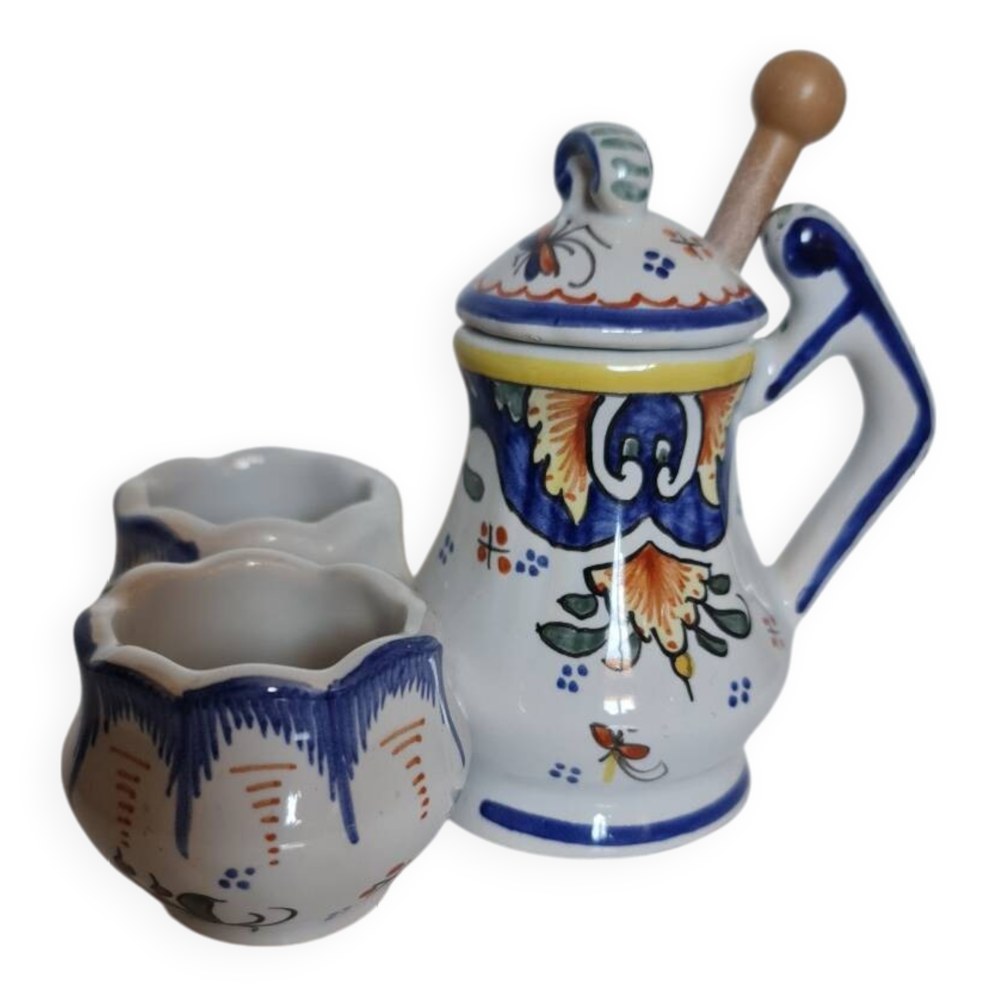 Mustard, salt and pepper shaker set with Rouen decor