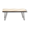 Table basse en frêne olivier avec pieds épingles en métal