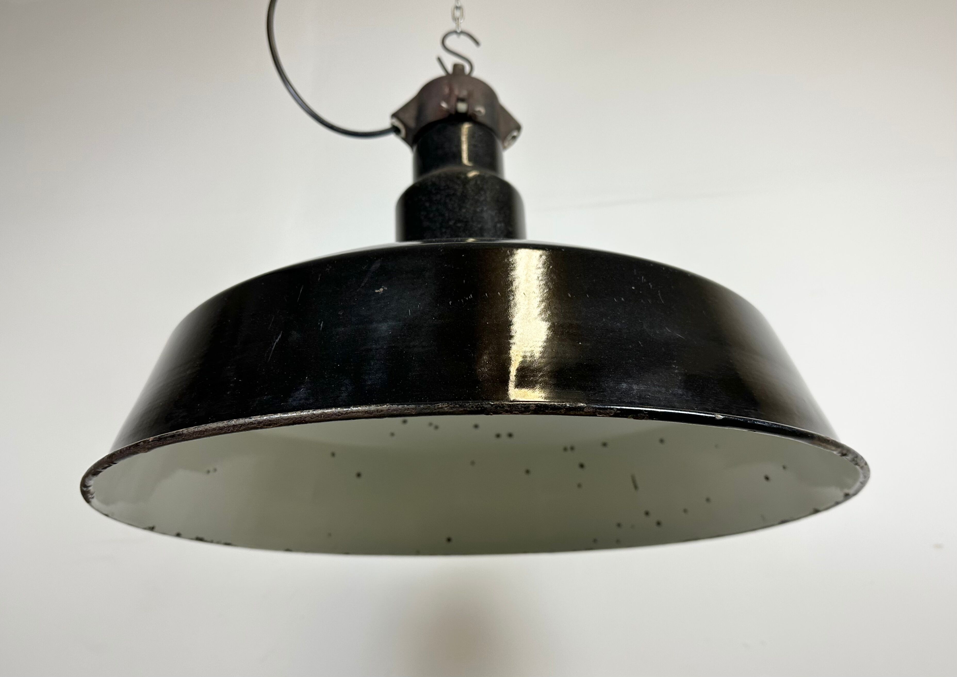 Industrial midcentury black enamel factory lamp, 1950s