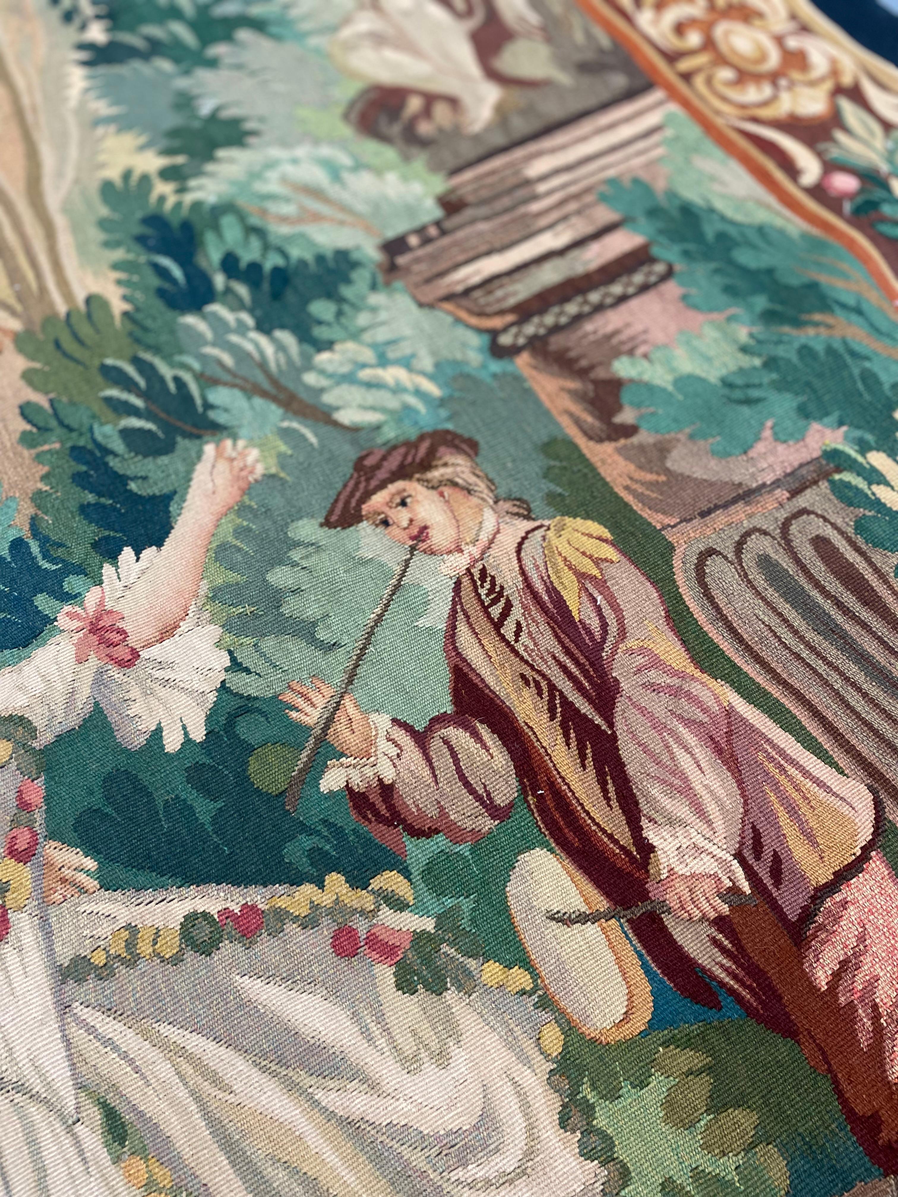Tapisserie murale en laine de style français élégant avec verdure et scène de cour romantique