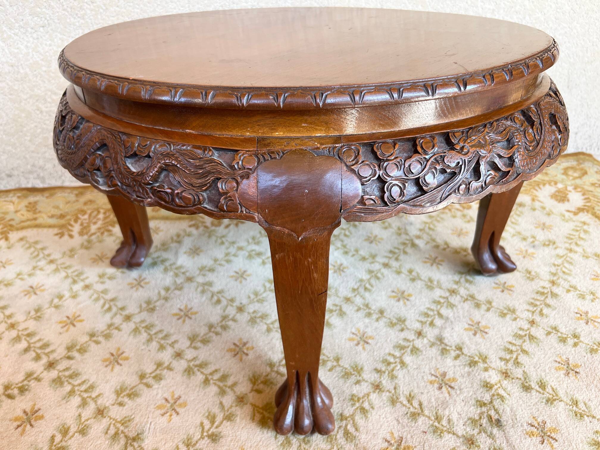 Antique coffee table in carved wood with dragons, China, circa 1940