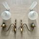 Pair of vintage wall sconces in brass and frosted engraved glass.