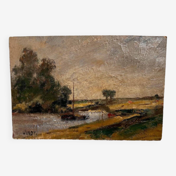 Barge painting on river French countryside