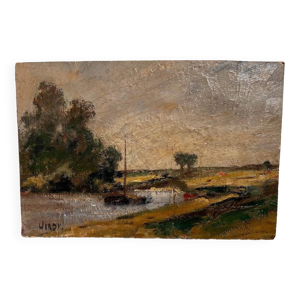 Peinture gabare sur rivière - campagne