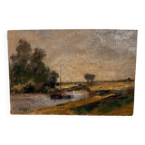 Barge painting on river French countryside