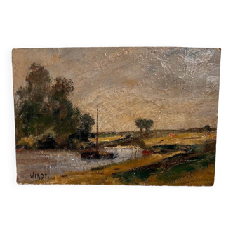 Peinture gabare sur rivière campagne française