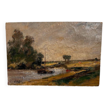 Barge painting on river French countryside