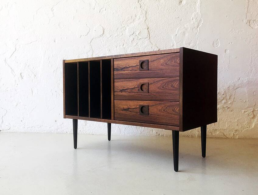 Wooden sideboard with 3 drawers and vinyl storage, Denmark 1970