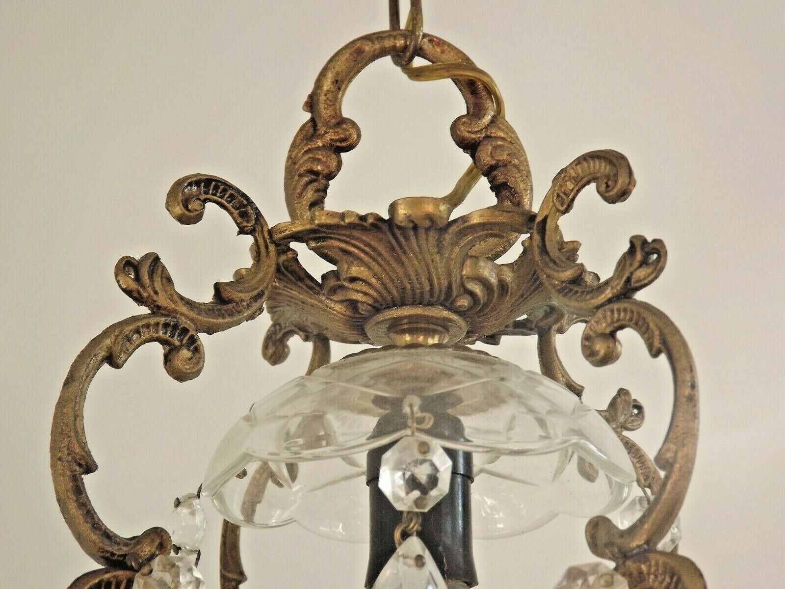French antique small brass crystal & glass single light cage chandelier 3277