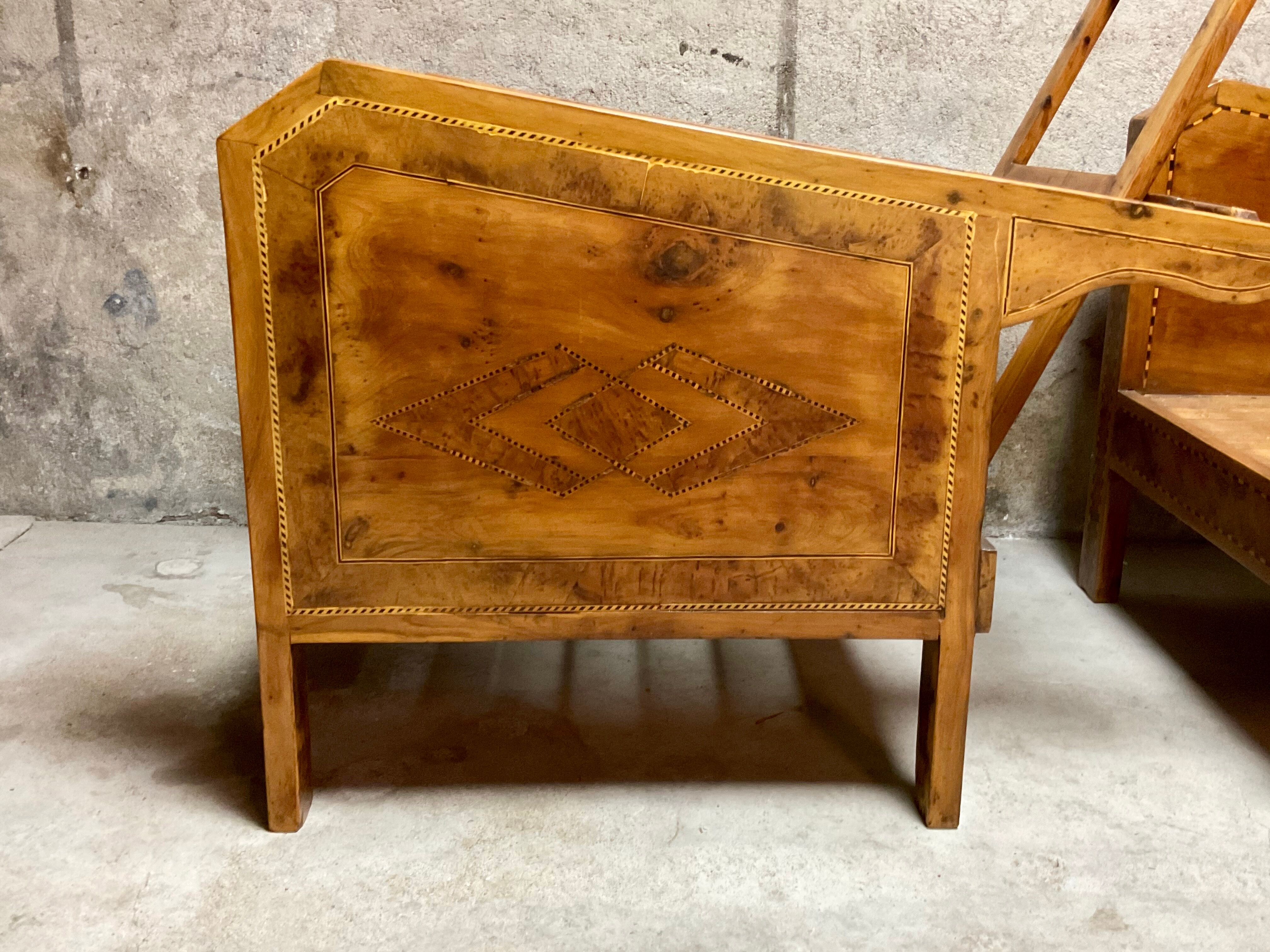 Vintage wooden veranda armchairs with inlaid marquetry 1930s