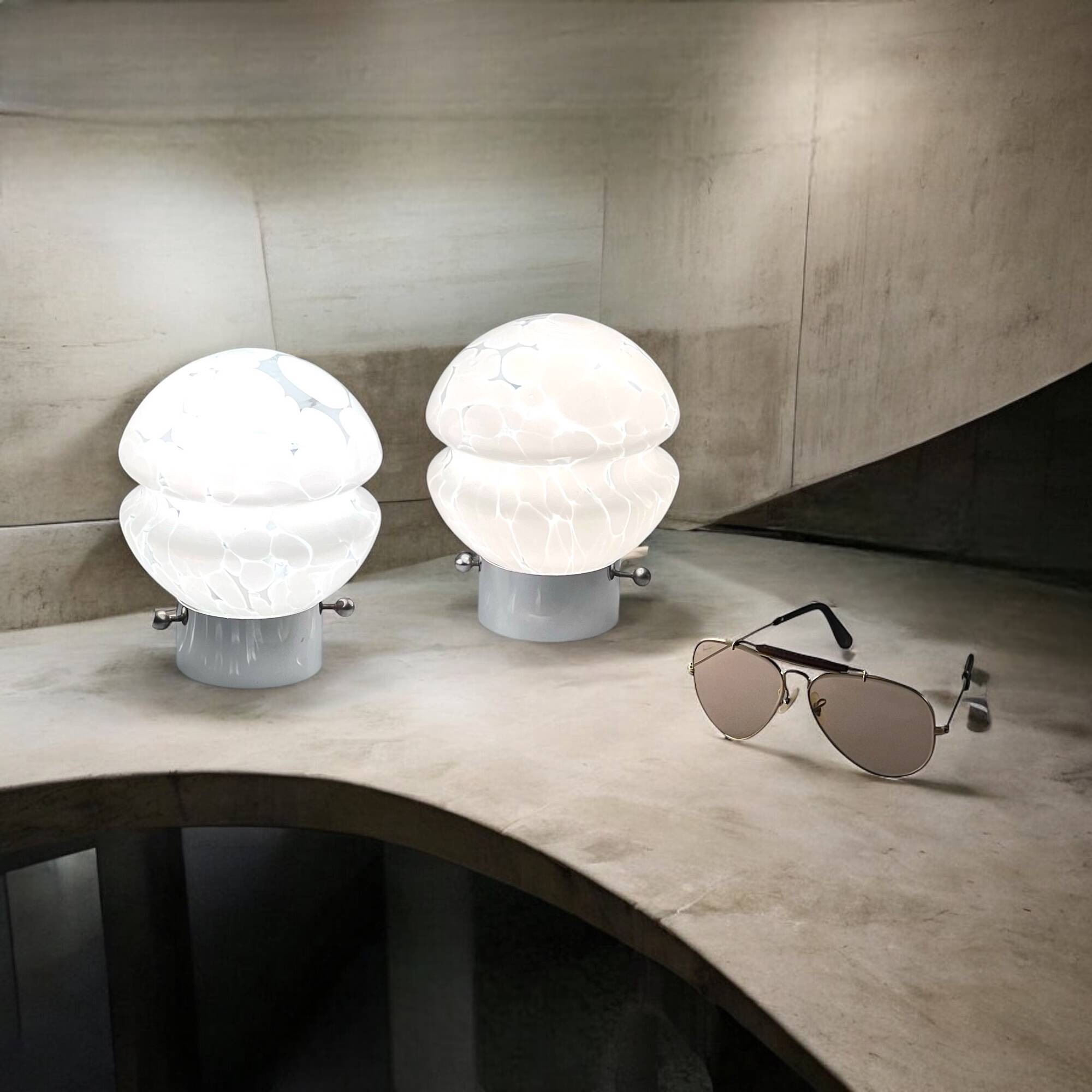 Vintage 70s Glass Table Lamps – White Glass with Metal Stand, Set of 2