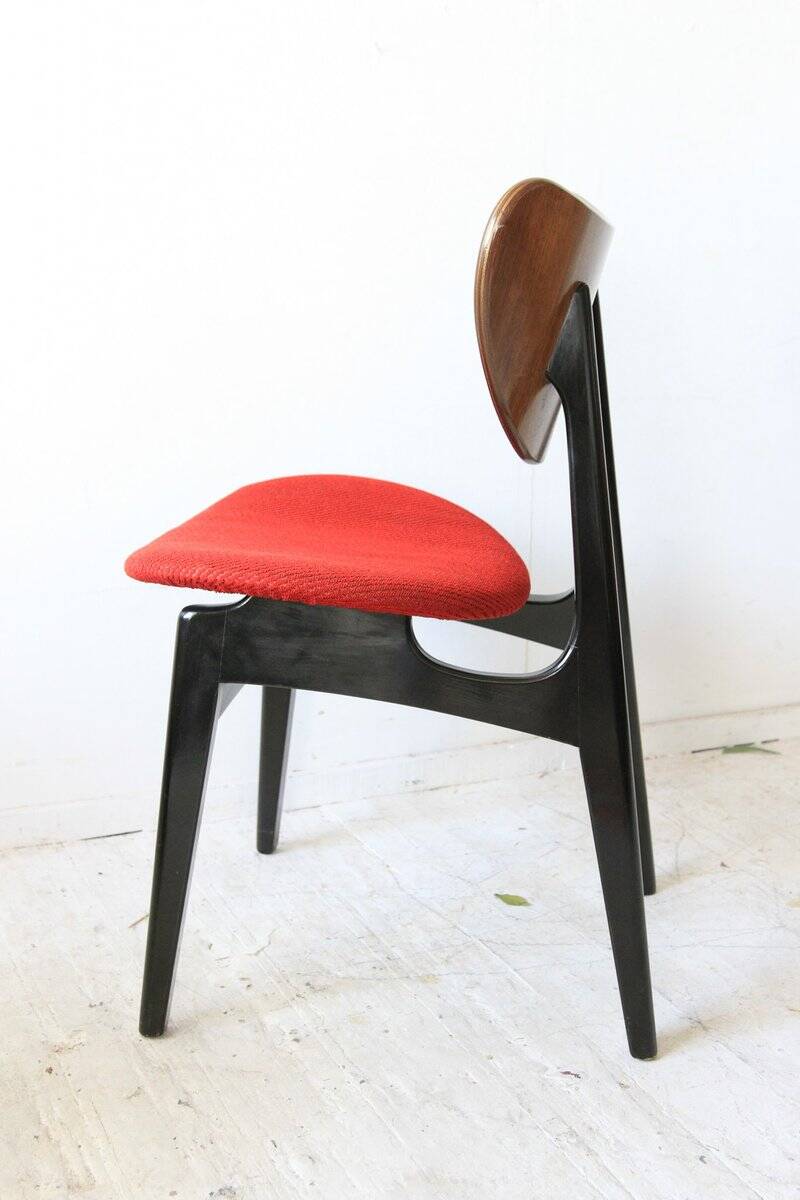 Mid-century mahogany wood and purple fabric set — drop-leaf table + 6 Butterfly chairs by G-Plan