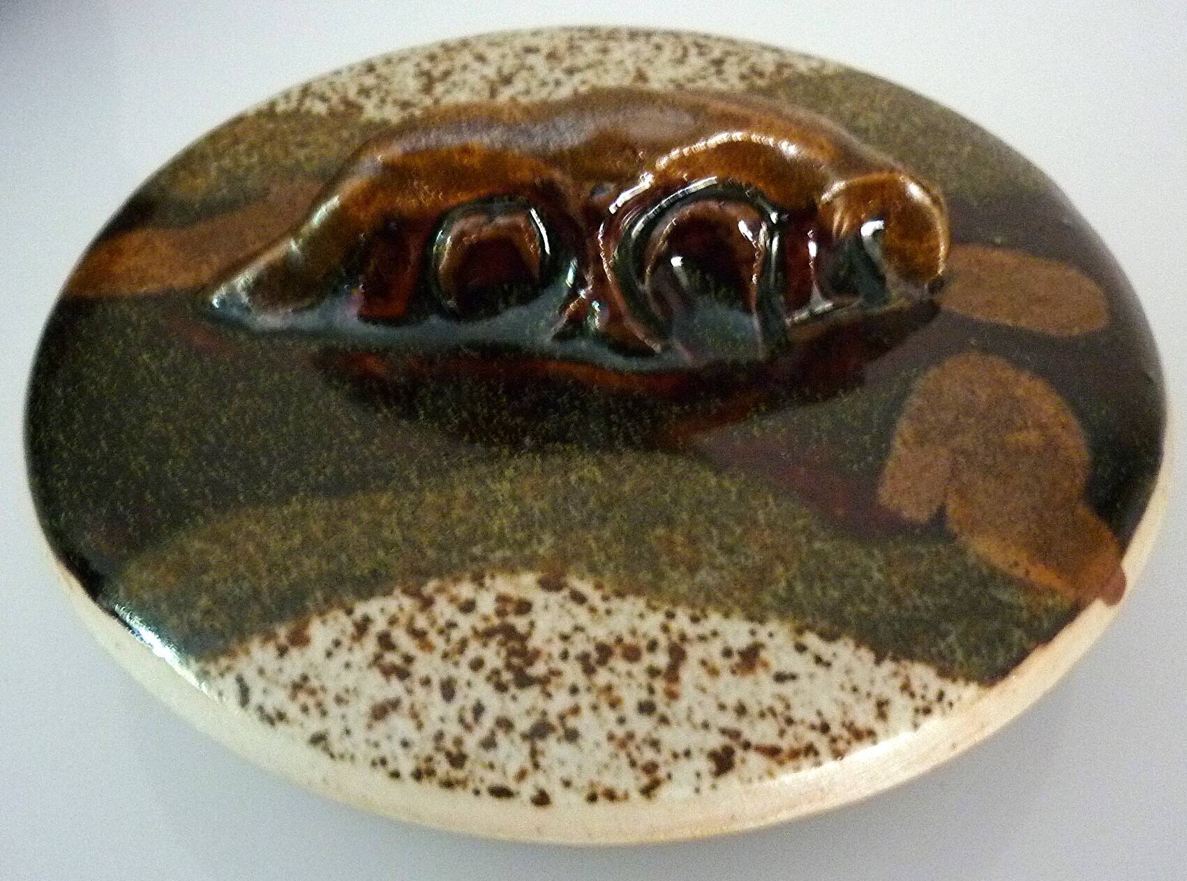 Vegetable dish, covered pot, glazed ceramic art, 1970s, signature to be identified