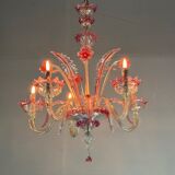 Venetian chandelier in colorless and red Murano glass, 5 light arms, circa 1950