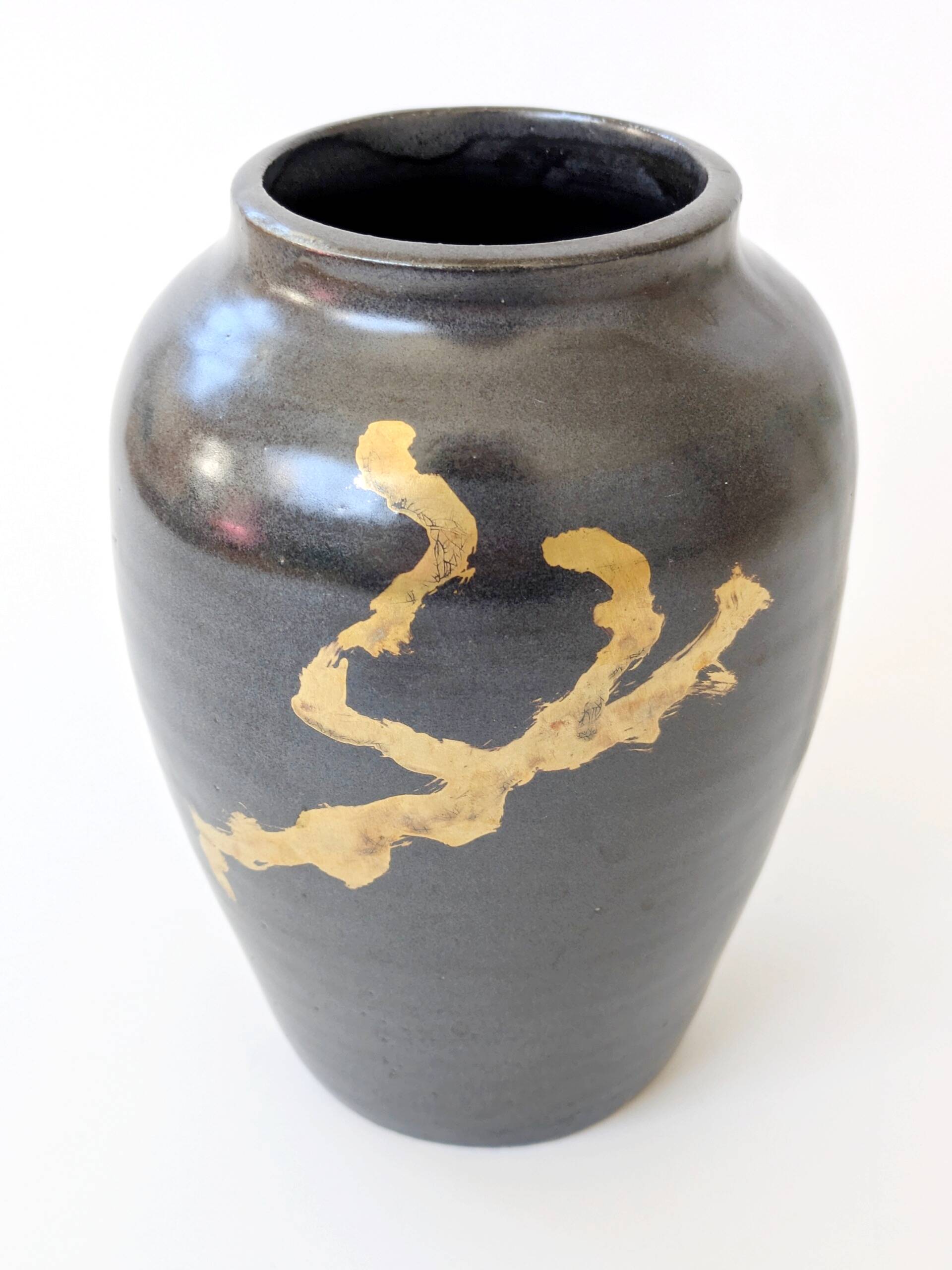 Vintage ceramic vase, black and gold, Japandi style