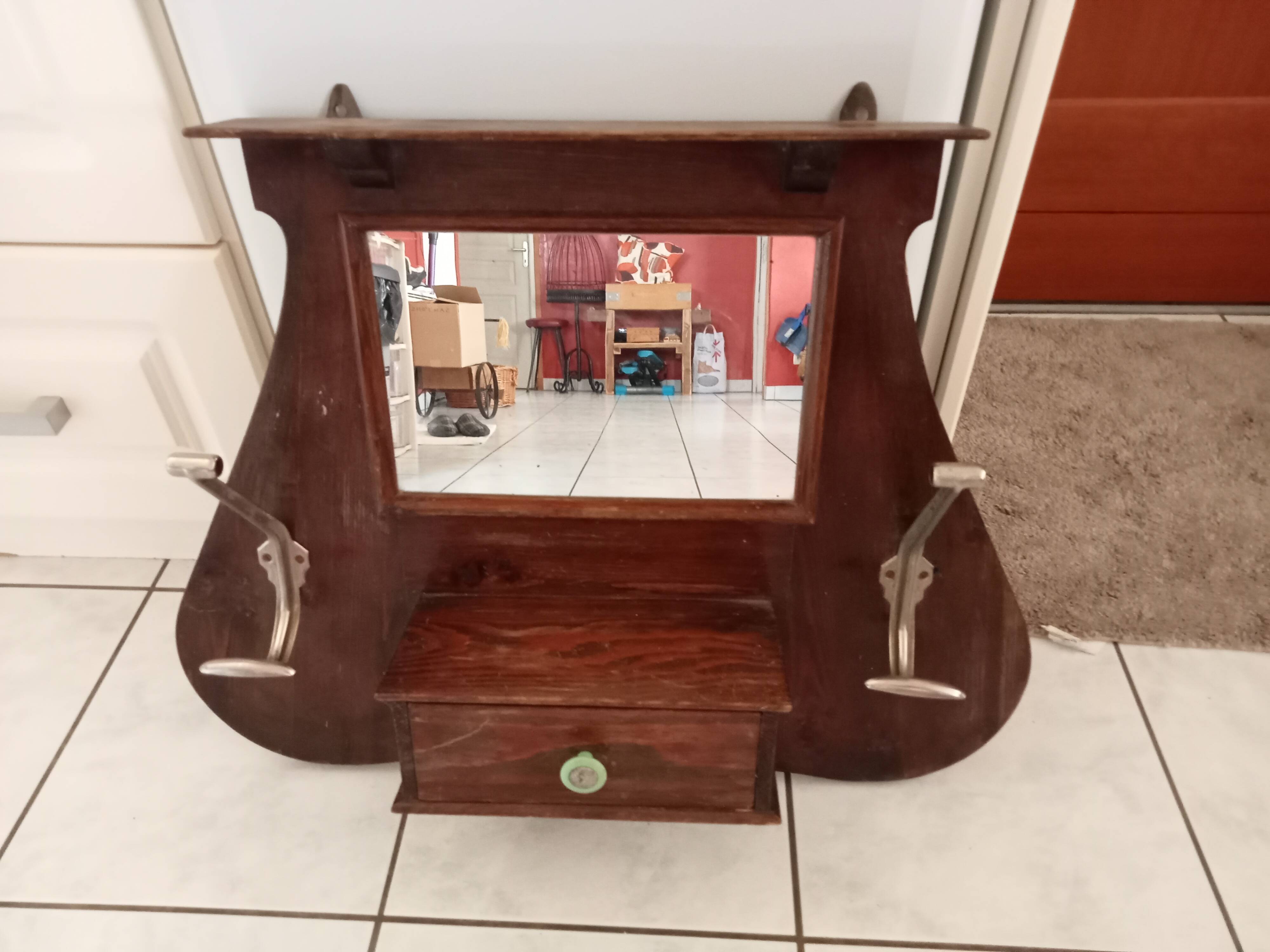 Ancien porte manteau murale / 2 pateres / 1 miroir / tiroir