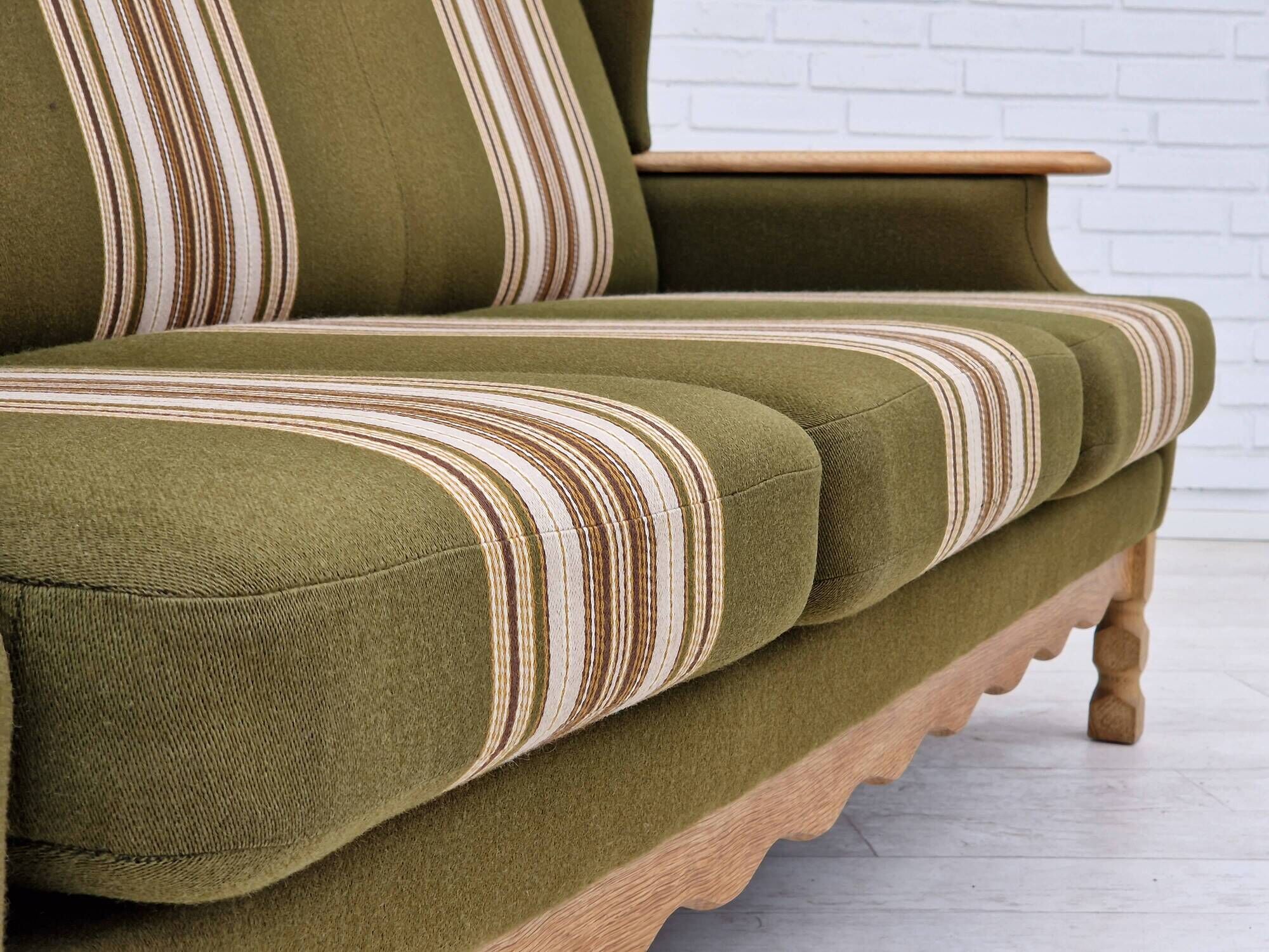 1970s, Danish vintage 3 seater, green fabric, oak wood, original condition.