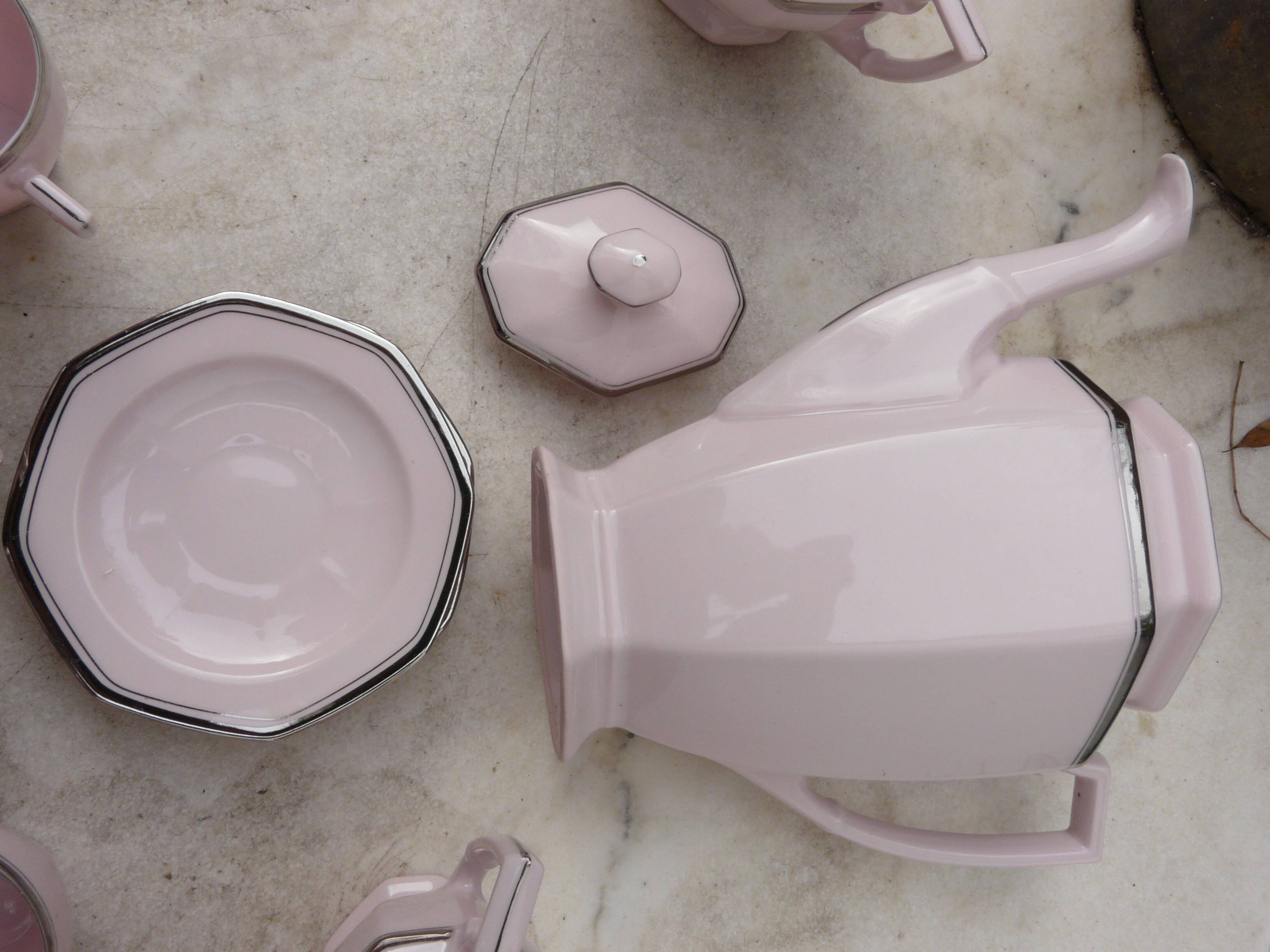 Coffee service, art deco tea, powder pink and silver stamped Czechoslovak porcelain