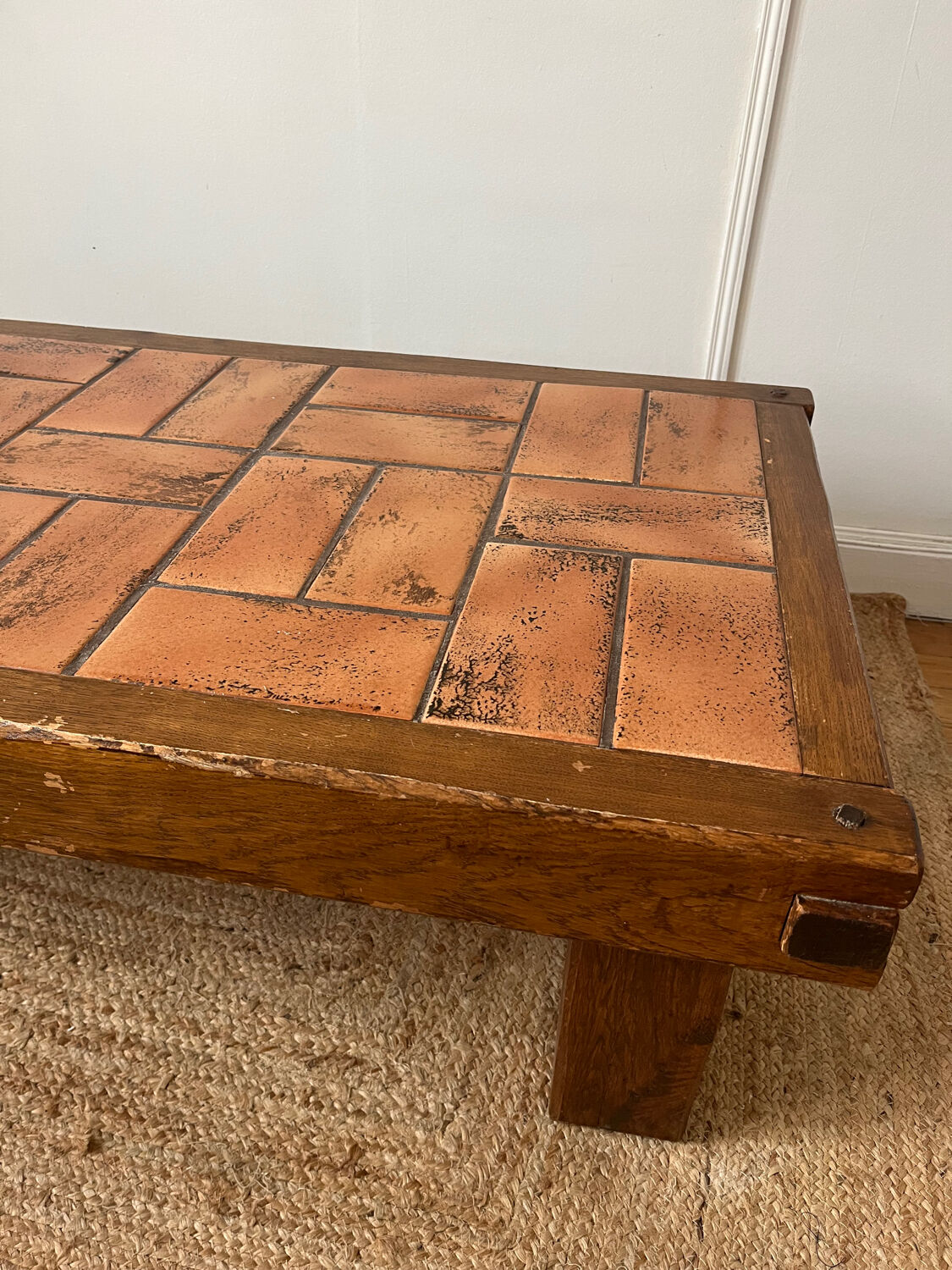Oak and ceramic coffee table from the mid-20th century.