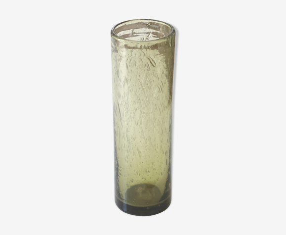 Vase cylindrique vert en verre bullé de Biot, années 70