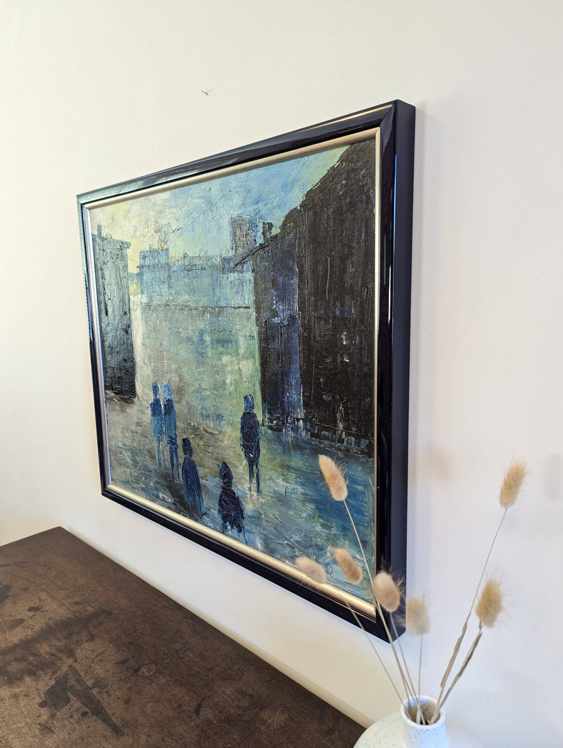 Mid-Century Modern Swedish "City Dream" Vintage Oil Painting, Framed