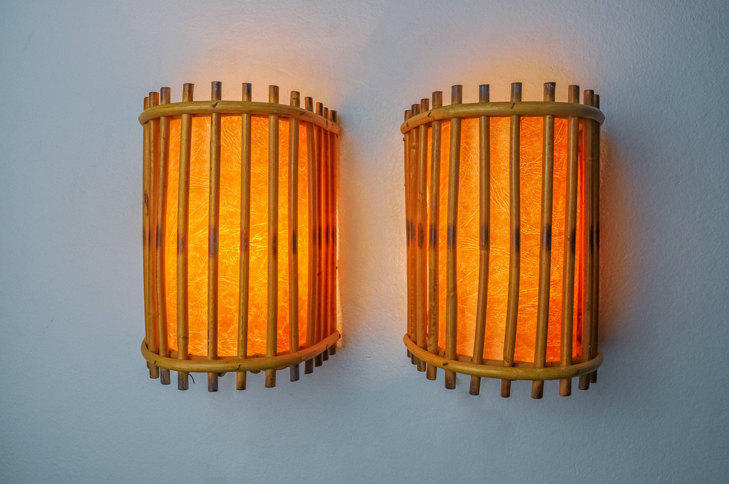 Pair of rattan wall lights, France, 1960