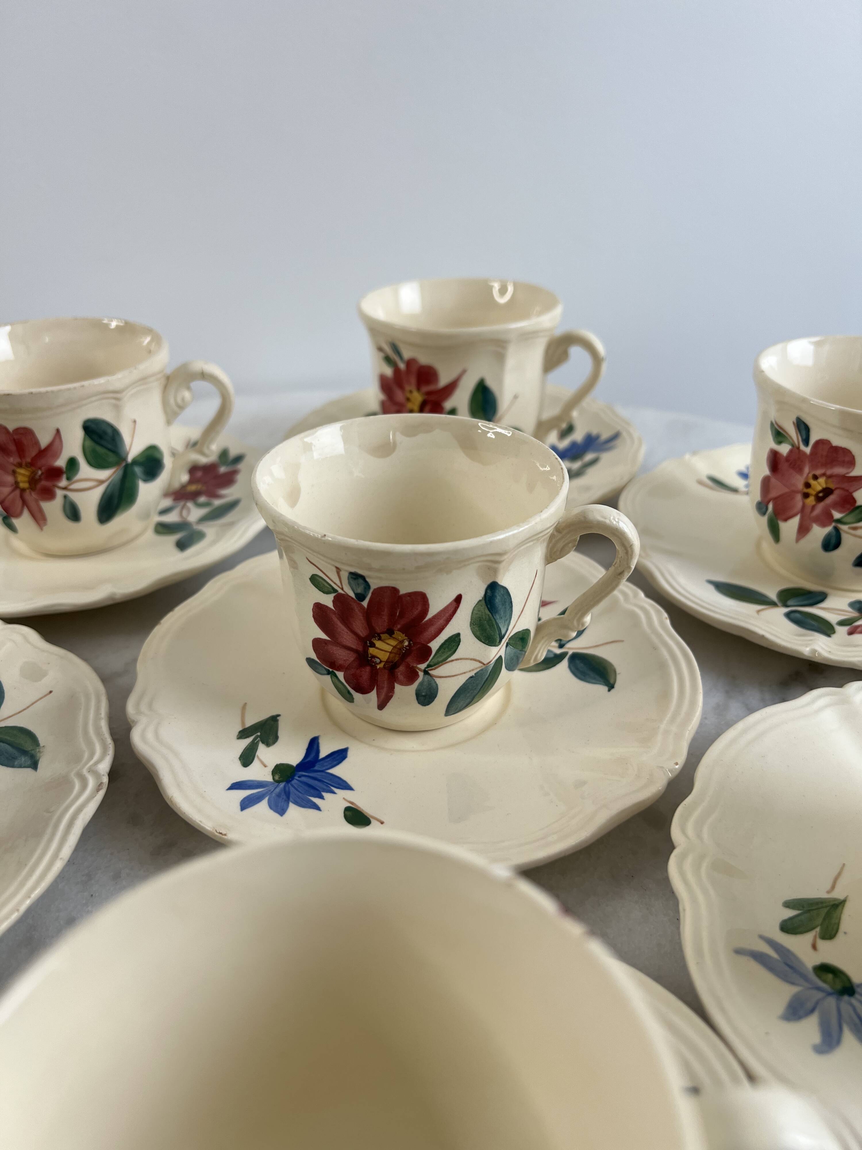 Set of 8 hand-painted coffee cups Sarreguemines Terre de fer