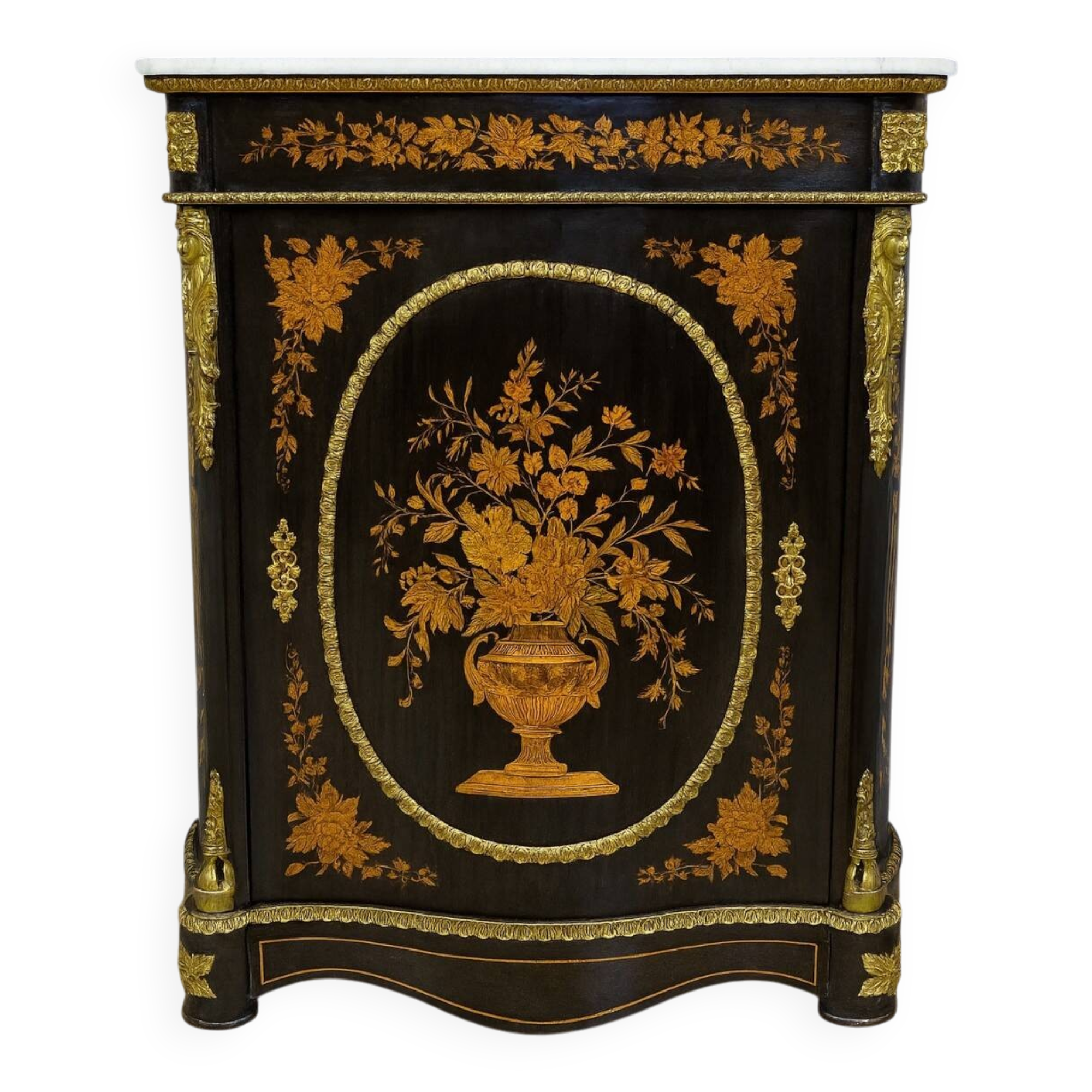 Boulle furniture with a curved shape from the Napoleonic III era in lacquered wood and marquetry.