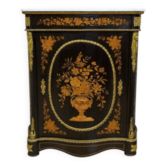 Boulle furniture with a curved shape from the Napoleonic III era in lacquered wood and marquetry.