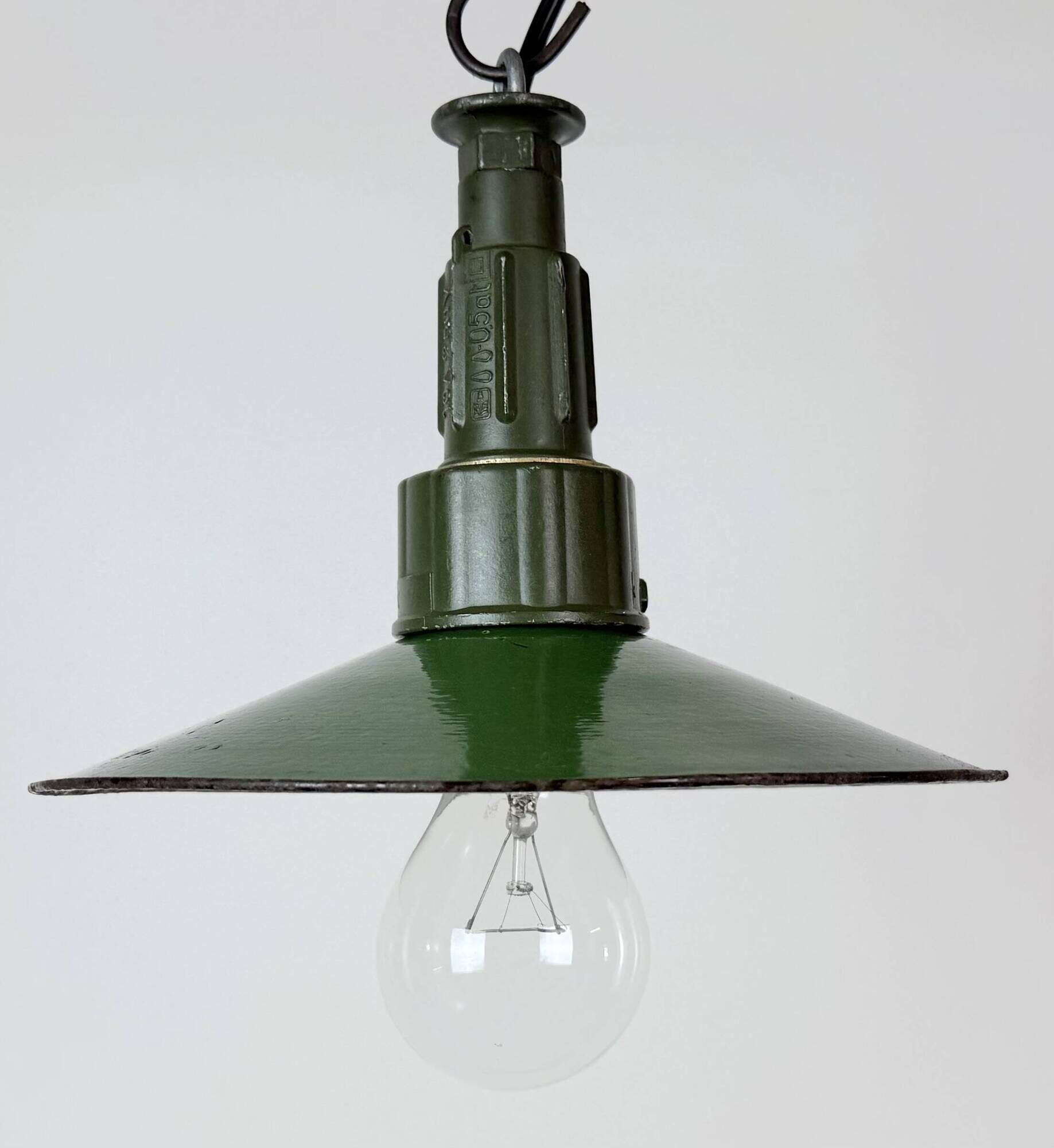Industrial Green Enamel Military Pendant Lamp with Cast Aluminium Top, 1960