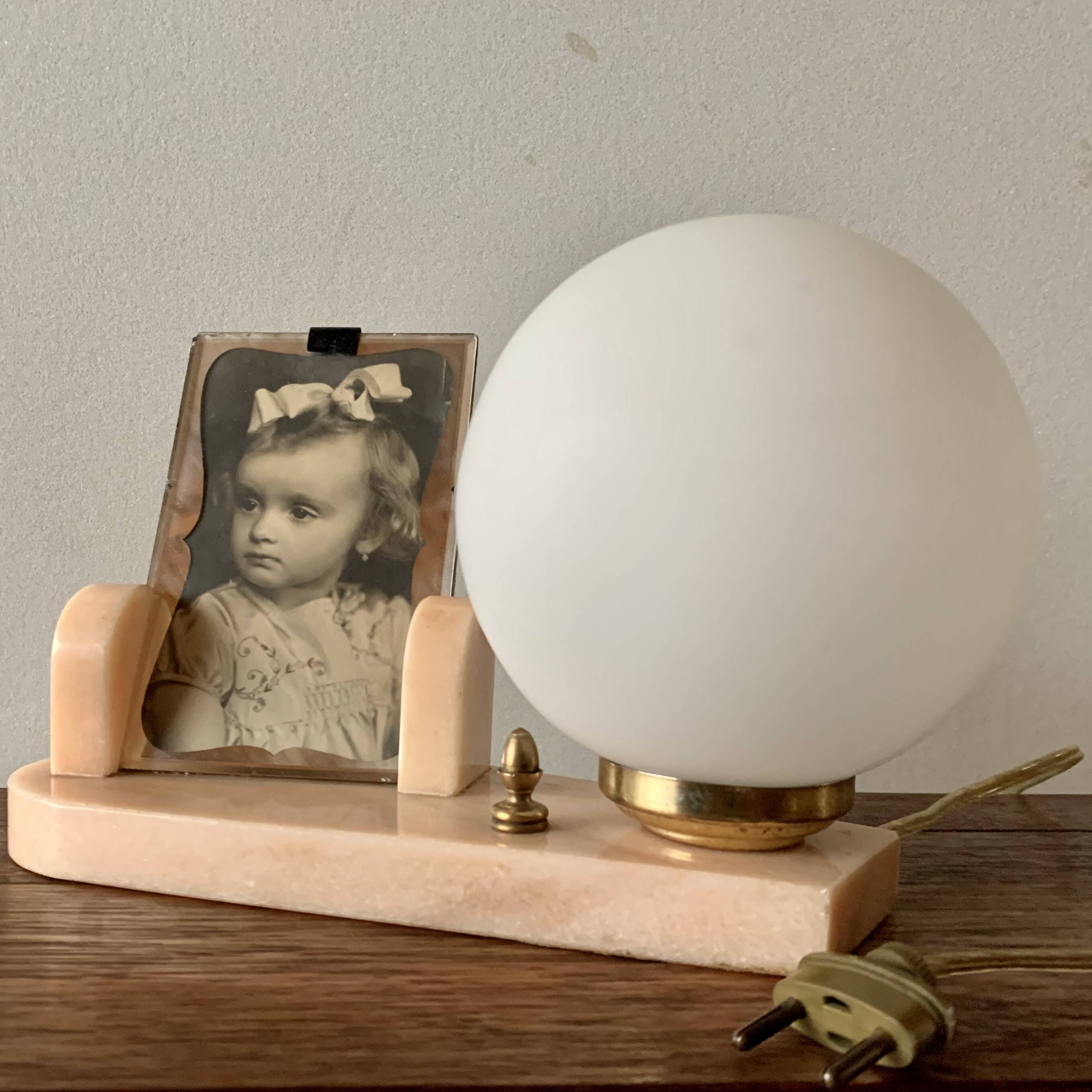 Art Deco pink marble and glass bedside lamp with photo holder