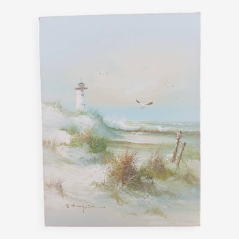 Oil on canvas seascape ocean, lighthouse and beach, signed J. Thompson
