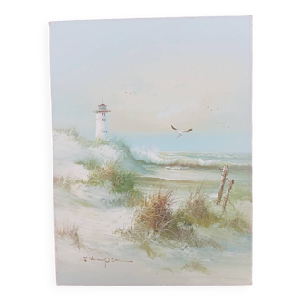 Huile sur toile paysage marin océan, phare et plage, signé J. Thompson