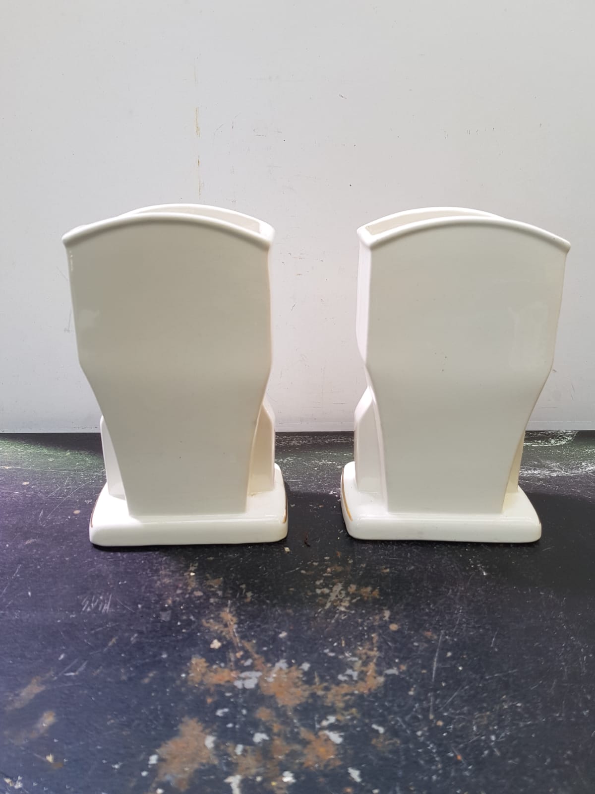 Pair Of Old White Art Ceramic Vase + Golden Decor Made In France Vintage