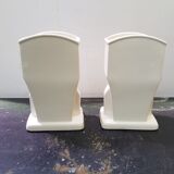 Pair Of Old White Art Ceramic Vase + Golden Decor Made In France Vintage