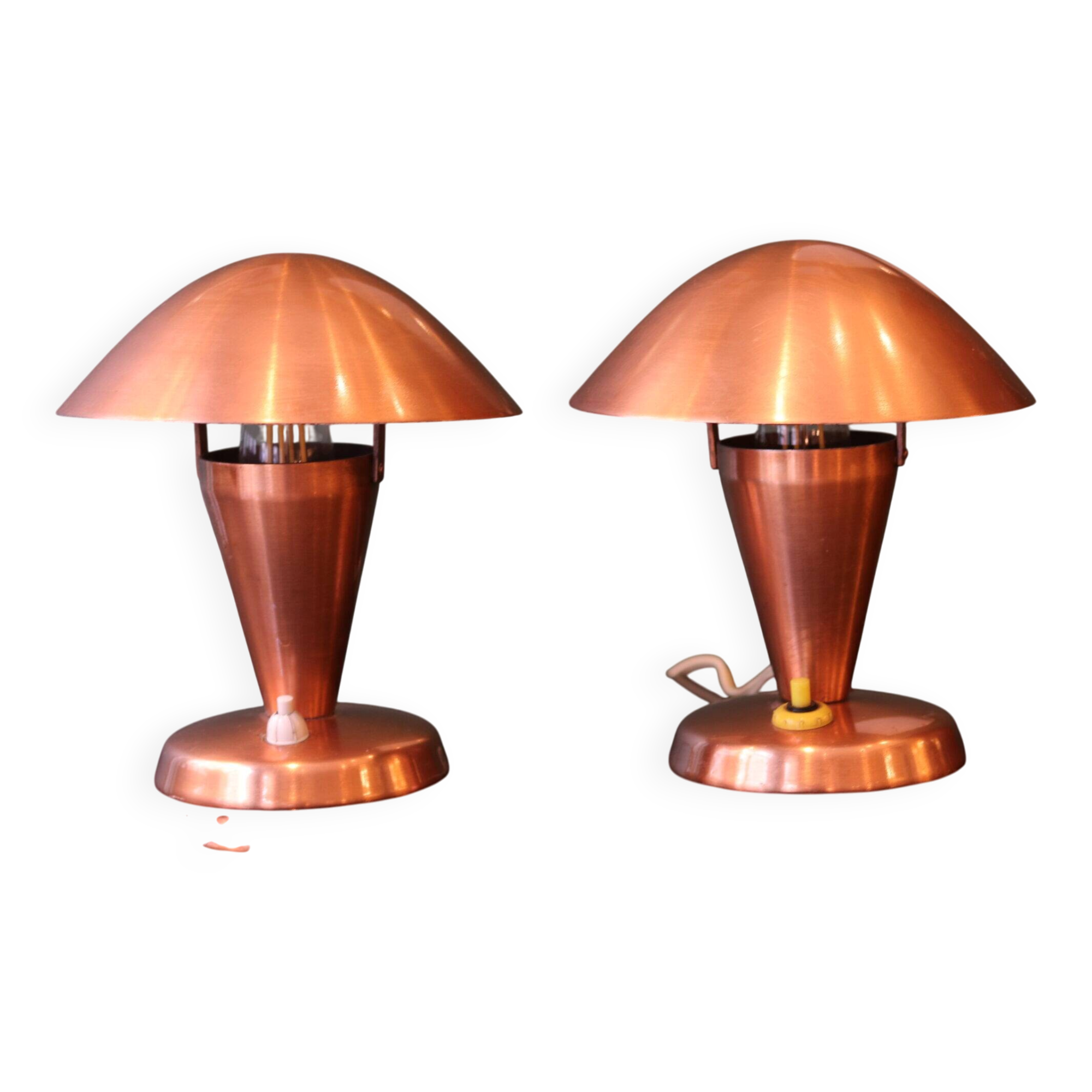 Pair of Bauhaus style mushroom lamps in copper metal.