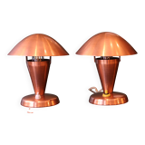 Pair of Bauhaus style mushroom lamps in copper metal.