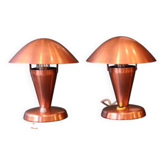 Pair of Bauhaus style mushroom lamps in copper metal.