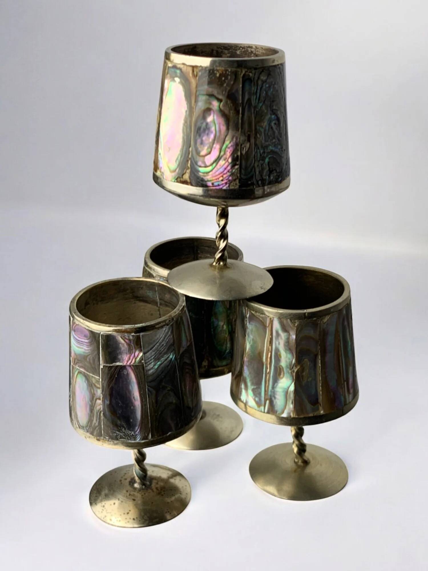 Abalone shell & alpaca shot glasses, set of 4, Mexico, 1970s