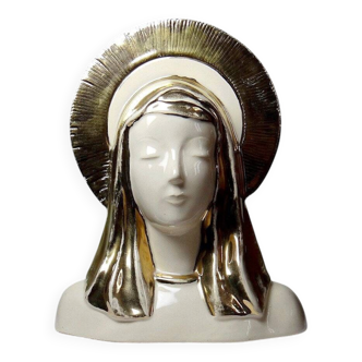 Virgin bust with halo, glazed ceramic, vintage/antique craftsmanship.