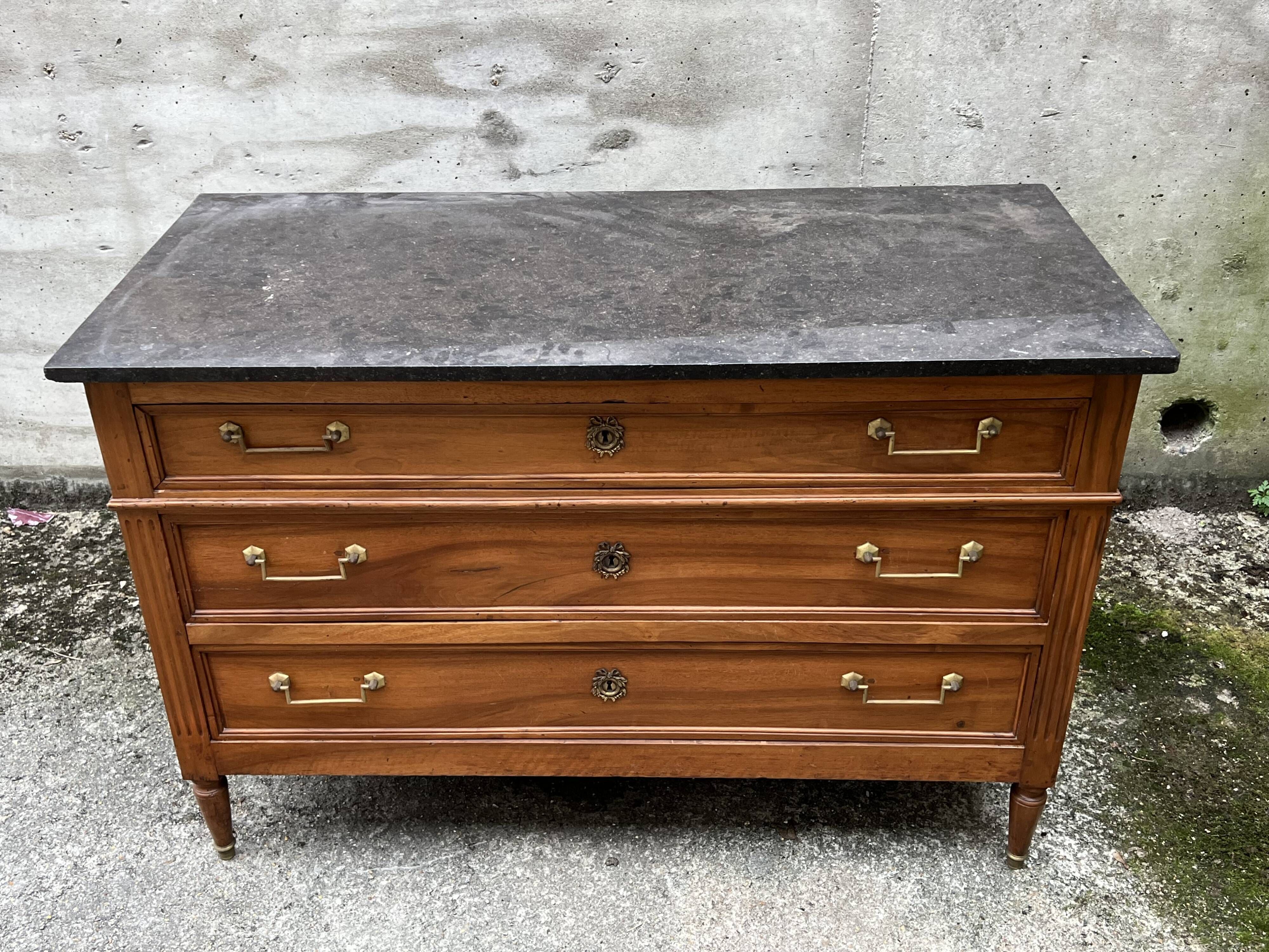 Louis XVI style chest of drawers in walnut, marble top