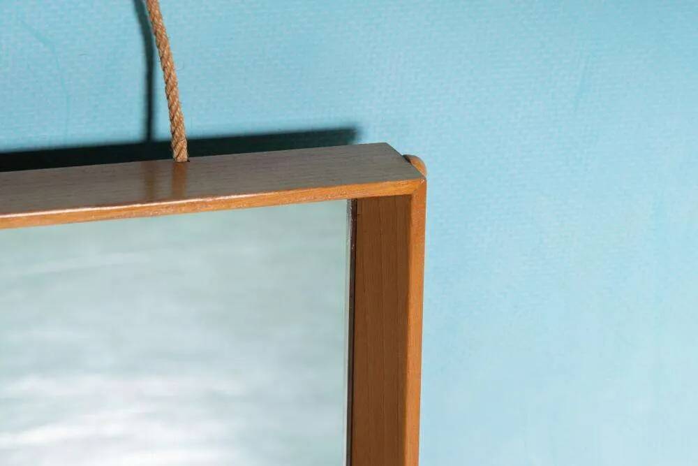 Wooden Japandi Scandinavian mirror from the 70s, minimalist mirror.