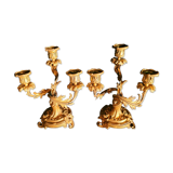 Paire de bougeoirs chandeliers flambeaux anciens en bronze doré époque XIXe