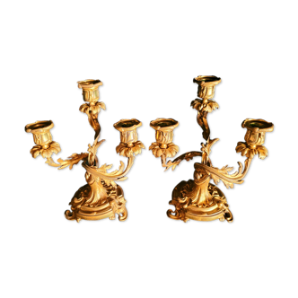 Pair of candlestick candlesticks antique torches in gilded bronze nineteenth century