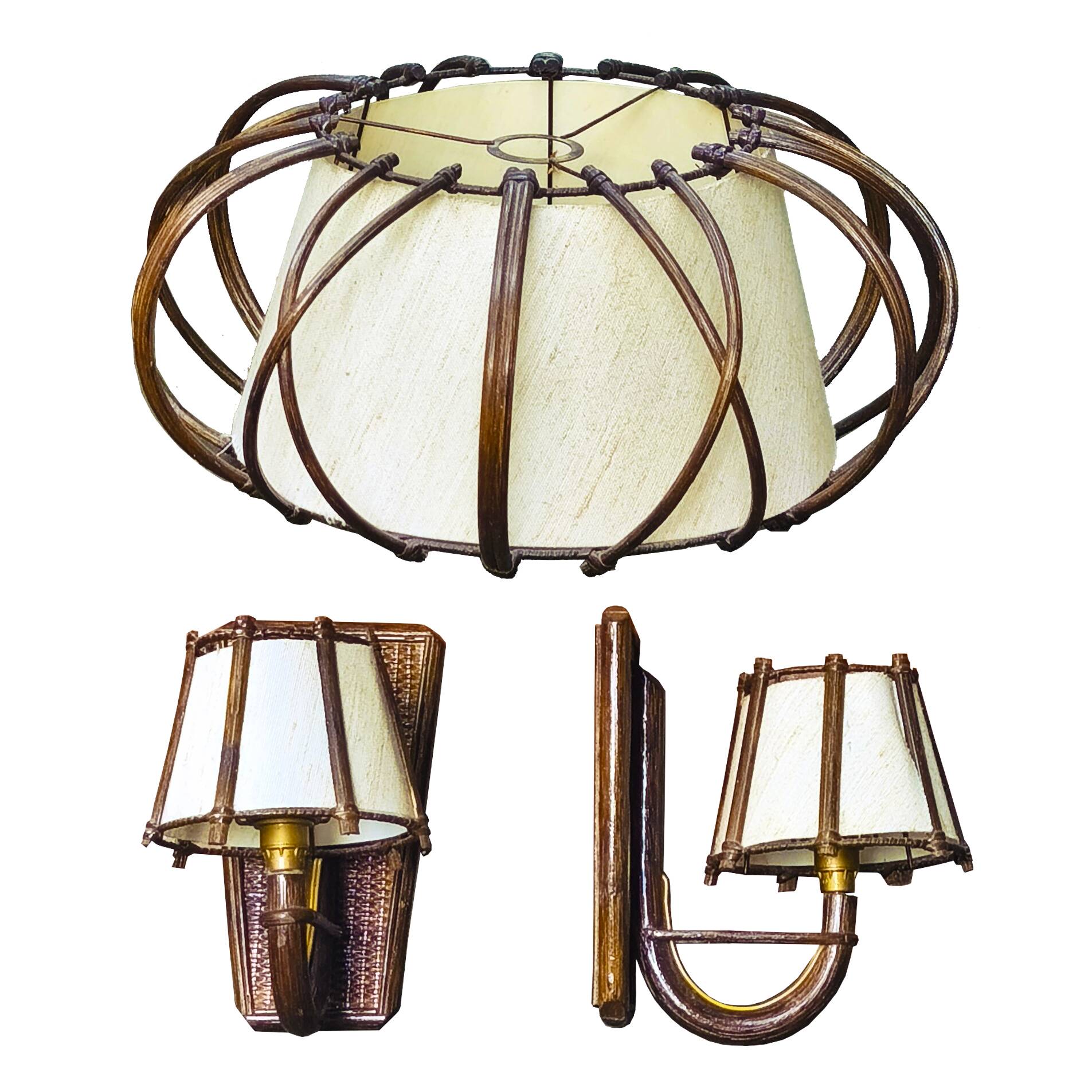 Suspension light and its 2 rattan wall lights by Louis Sognot, 1950s