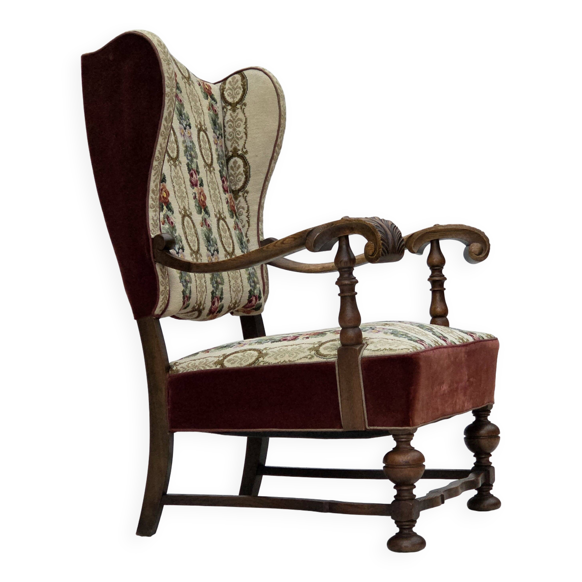 1950s, Danish wingback armchair, wool fabric, red furniture velour.