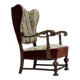 1950s, Danish wingback armchair, wool fabric, red furniture velour.